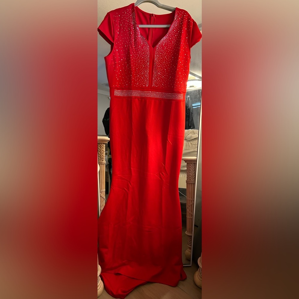 NEW Red LALAGEN Short Sleeve Rhinestone Long Cocktail Evening Dress Gown XL